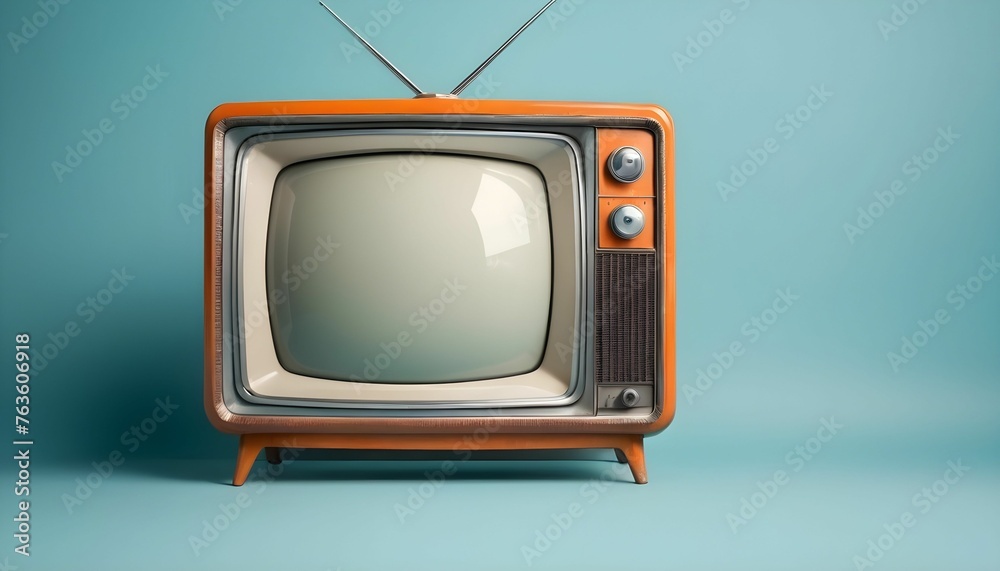 old orange vintage TV, an aquamarine blue background with copy space created with generative ai	