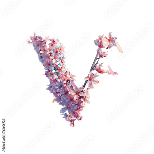 Letter V. Light fresh floral spring composition in sakura petals in beige and pink tones on blue, arrival of spring dynamic greens and sakura, attention to detail product, bokeh and particles