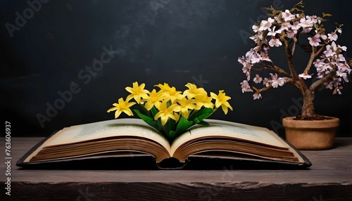 Open book with flowers and tree on dark background. Story coming alive nature coming out of an old yellowish book, banner for Library Week, world book day, reading month created with generative ai. © cd