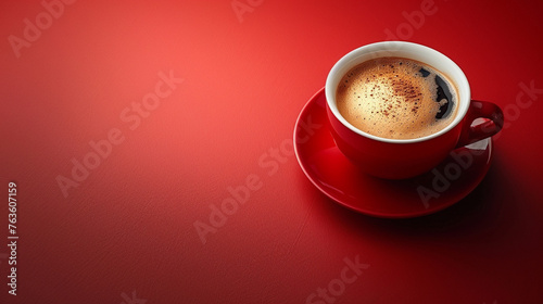 A red coffee cup sitting on a red table. The coffee is hot and steaming. Copy space in the left side. 