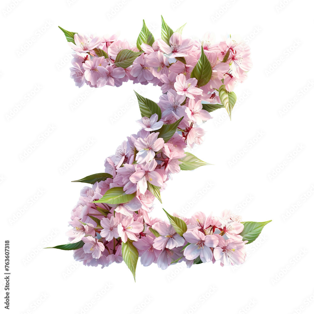 Letter Z. Light fresh floral spring composition in sakura petals in beige and pink tones on blue, arrival of spring dynamic greens and sakura, attention to detail product, bokeh and particles