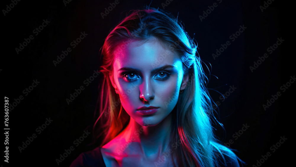 Stunning Woman's Glamorous Portrait with Red Lips, Elegant Hairstyle, Look in neon theme