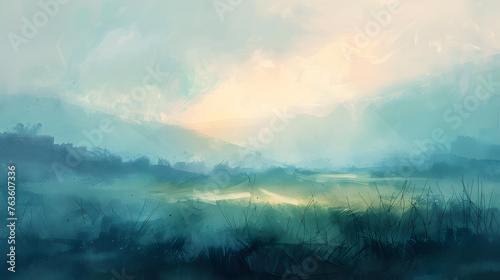 A painterly abstract landscape with a dreamlike atmosphere, with details of the landscape's soft colors, hazy brushstrokes, and sense of depth.