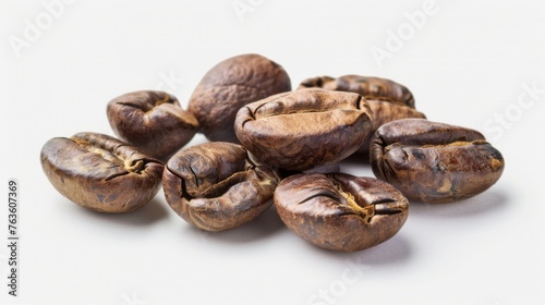 Coffee beans on white background, soft light. Dark Roasted Coffee Beans Heap on White Background, Ideal for Coffee Enthusiasts and Cafes.
