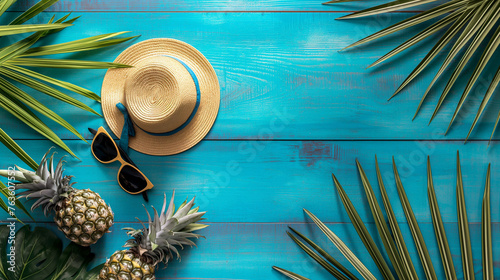 Vacation summer holiday travel tropical ocean sea banner panorama greeting card, straw hat, sunglasses, pineapple, and palm tree leaves on a wooden table, wood texture background, top view, flat lay