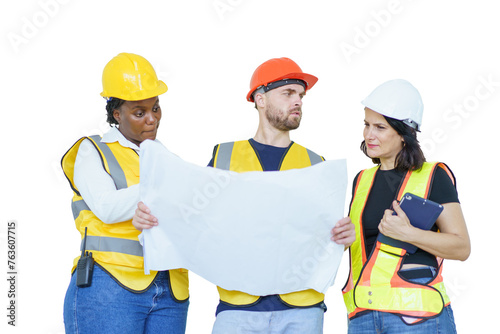 Isolated on white background with clipping path. Team of construction contractor talking - discussing about the building plan together at construction site.