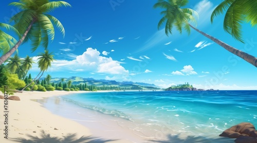 Beautiful beach with palm trees, sand, sea in clear summer day. Travel and vacation theme.