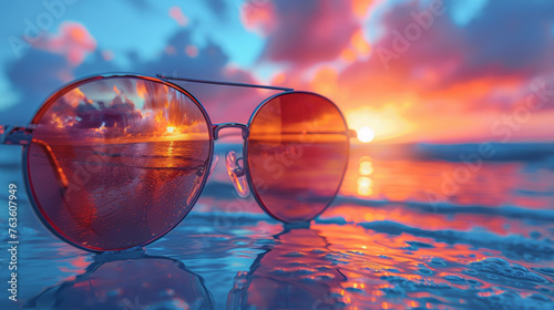 Sunset Captured In The Lenses Of Sunglasses On Sandy Shore