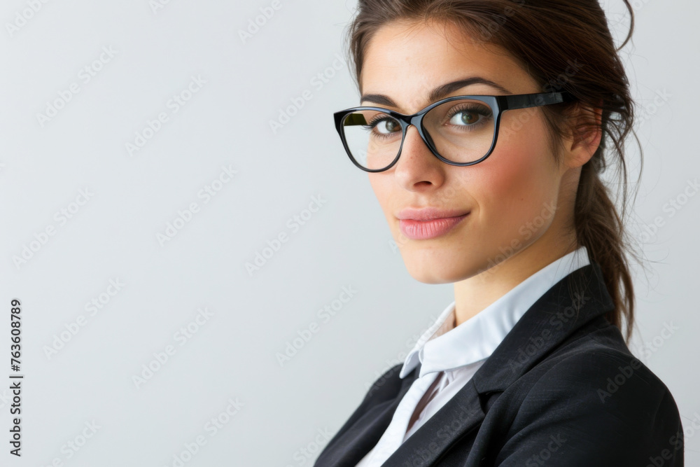 Portrait of a young businesswoman wearing glasses on white background.
