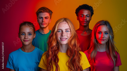  Cropped Portraits of Diverse Group of People in Colorful Light