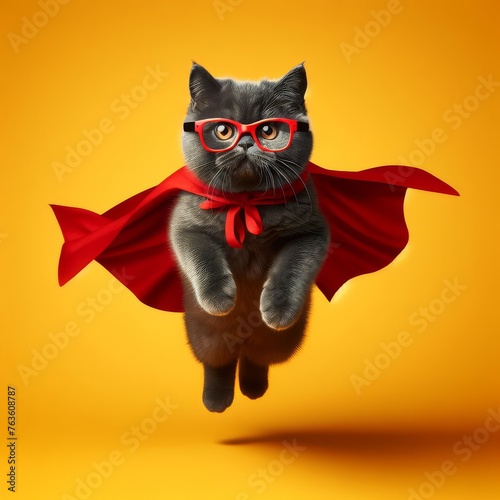 Very funny black cute cat wearing red and yellow background