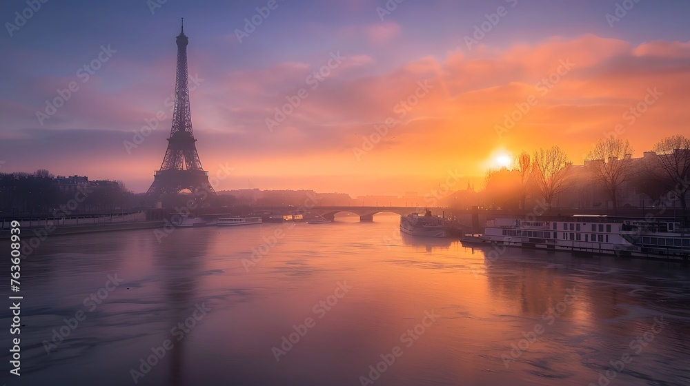 Eiffel Tower and Seine River at sunrise, Paris, France
