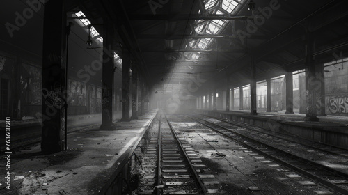 Derelict Train Station: Capture the eerie beauty of a deserted train station with empty platforms, rusted tracks, and peeling paint. Convert the image to black and white. Generative AI