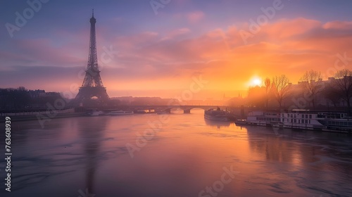 Eiffel Tower and Seine River at sunrise  Paris  France