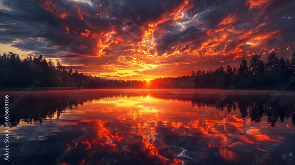 Epic red and golden clouds above the forest lake at sunrise. Dramatic cloudscape. Symmetry reflections on the water, natural mirror.
