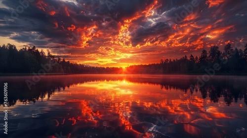 Epic red and golden clouds above the forest lake at sunrise. Dramatic cloudscape. Symmetry reflections on the water, natural mirror. 