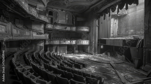 Deserted Theater: Capture the faded grandeur of an abandoned theater or cinema, with crumbling balconies, torn curtains, and faded marquees. Generative AI