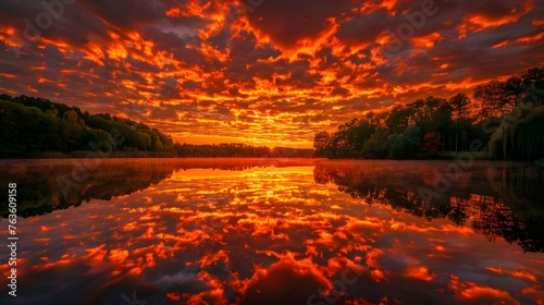 Epic red and golden clouds above the forest lake at sunrise. Dramatic cloudscape. Symmetry reflections on the water  natural mirror. 