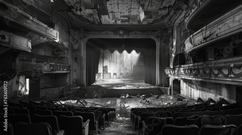 Deserted Theater: Capture the faded grandeur of an abandoned theater or cinema, with crumbling balconies, torn curtains, and faded marquees. Generative AI photo