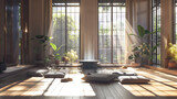Indoor Oasis: Capture a serene indoor space featuring large windows that allow natural light to flood in, illuminating minimalist decor such as comfortable floor cushions, potted plants. Generative AI