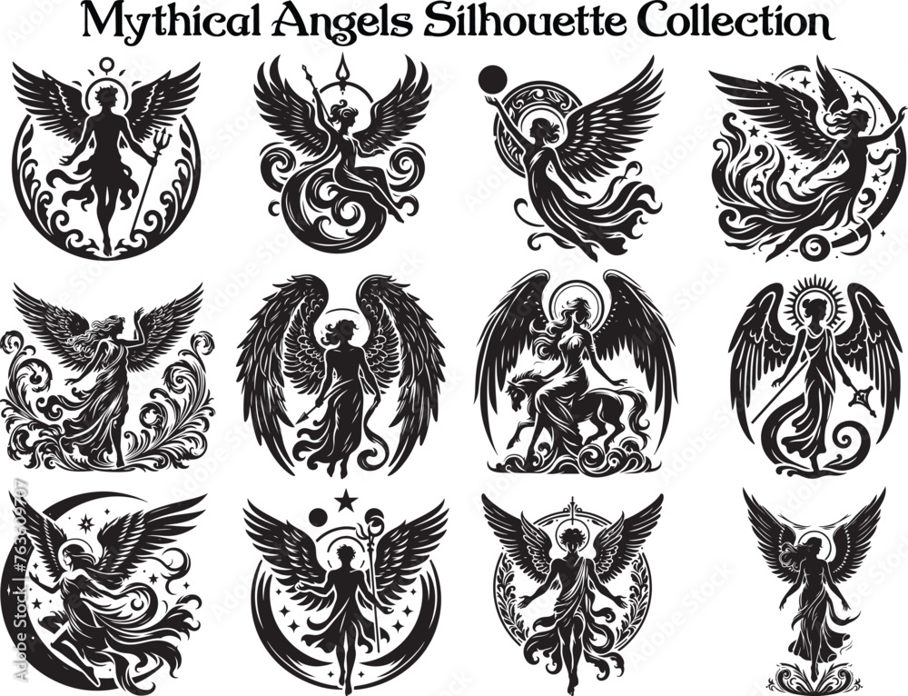 Mythical Angel Silhouette Vector Illustration Set Mythical Angel Silhouette Vector Illustration Set