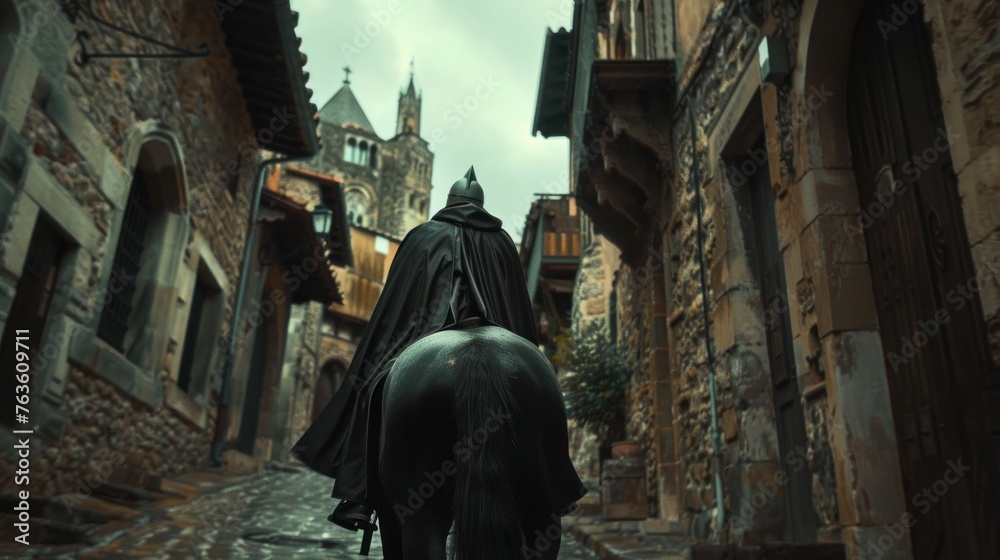 Knight riding a horse an old medieval city street.generated AI. - obrazy, fototapety, plakaty 