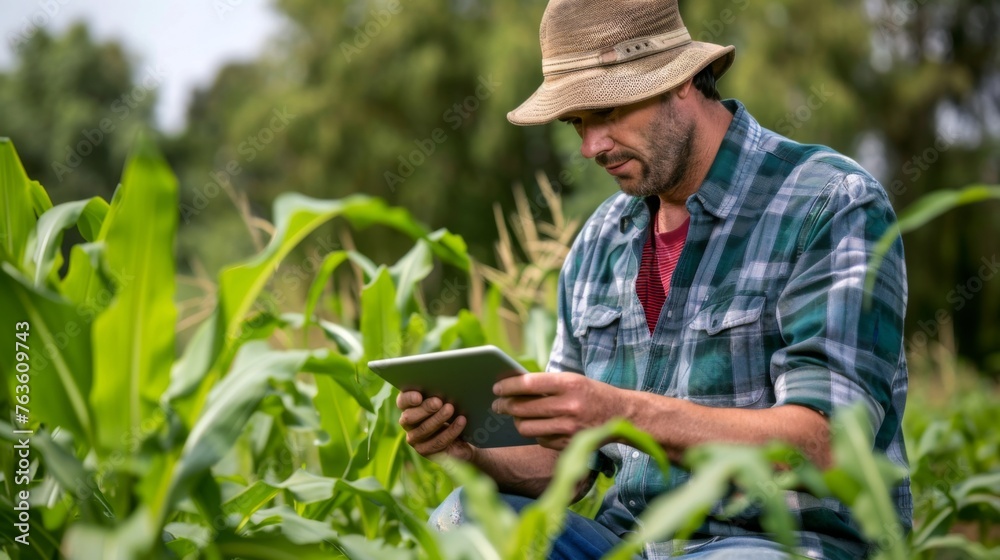 A male farmer in a corn field uses a tablet to optimize farming techniques, enhance productivity, and blend technology with traditional methods under the summer sun.