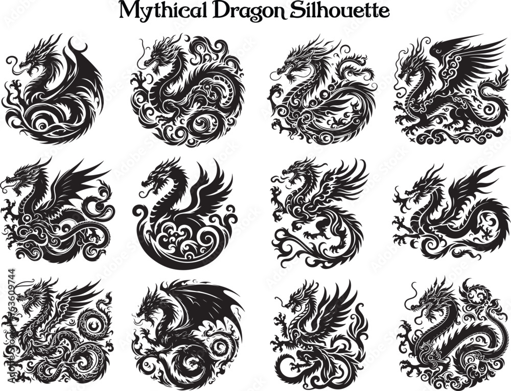 Mythical Dragon Silhouette Vector Illustration Set