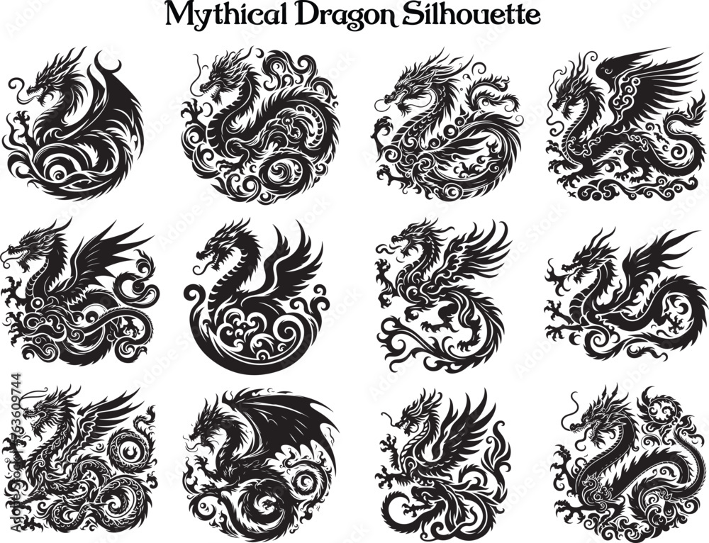 Obraz premium Mythical Dragon Silhouette Vector Illustration Set