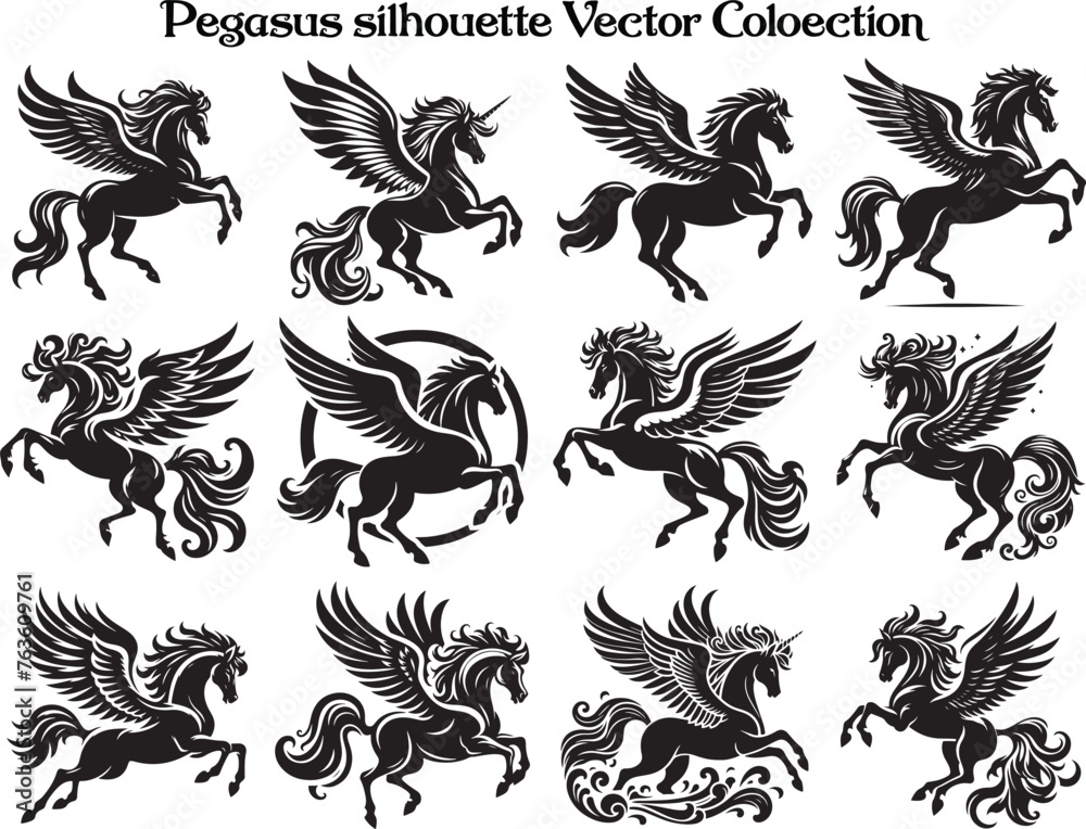 Mythical Horse Pegasus Silhouette Vector Illustration Set