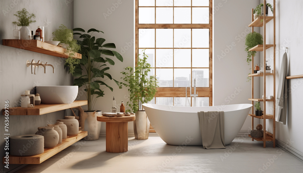 Fototapeta premium bathroom with large tub centerpiece in Japandi Style