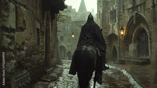 Knight riding a horse an old medieval city street.generated AI. photo