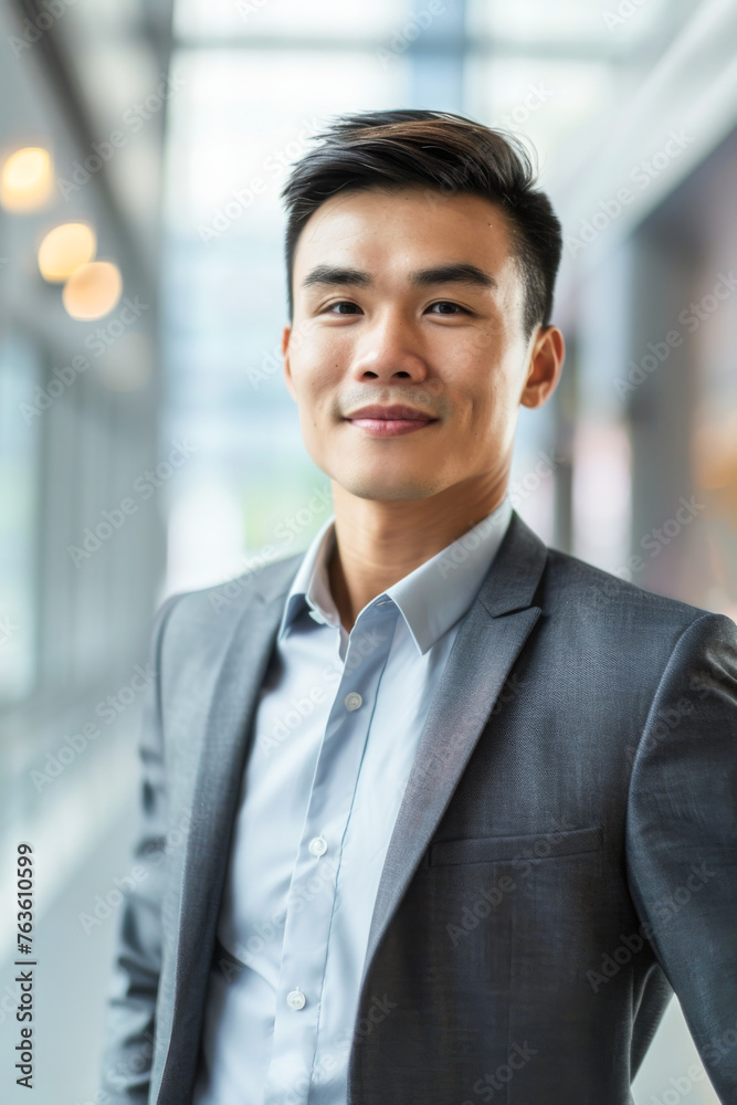 Portrait of a handsome young Asian businessman smiling in office building
Portrait of a handsome young Asian businessman smiling in office building