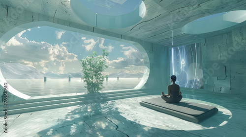 Virtual Meditation Space: Create a digitally generated image of a futuristic meditation pod within a sleek architectural environment. Generative AI photo