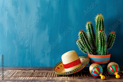 Mexican party concept with cactus, maracas and sombrero hat on wooden table over blue background. Cinco de Mayo holiday celebration and copy space - generative ai