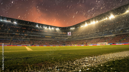 A soccer field is wet from rain photo