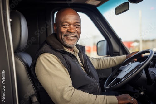 Black man working as a truck driver smiling sitting in the cab of the truck during a break in his travel route, copy space right. Truck drivers and road work.