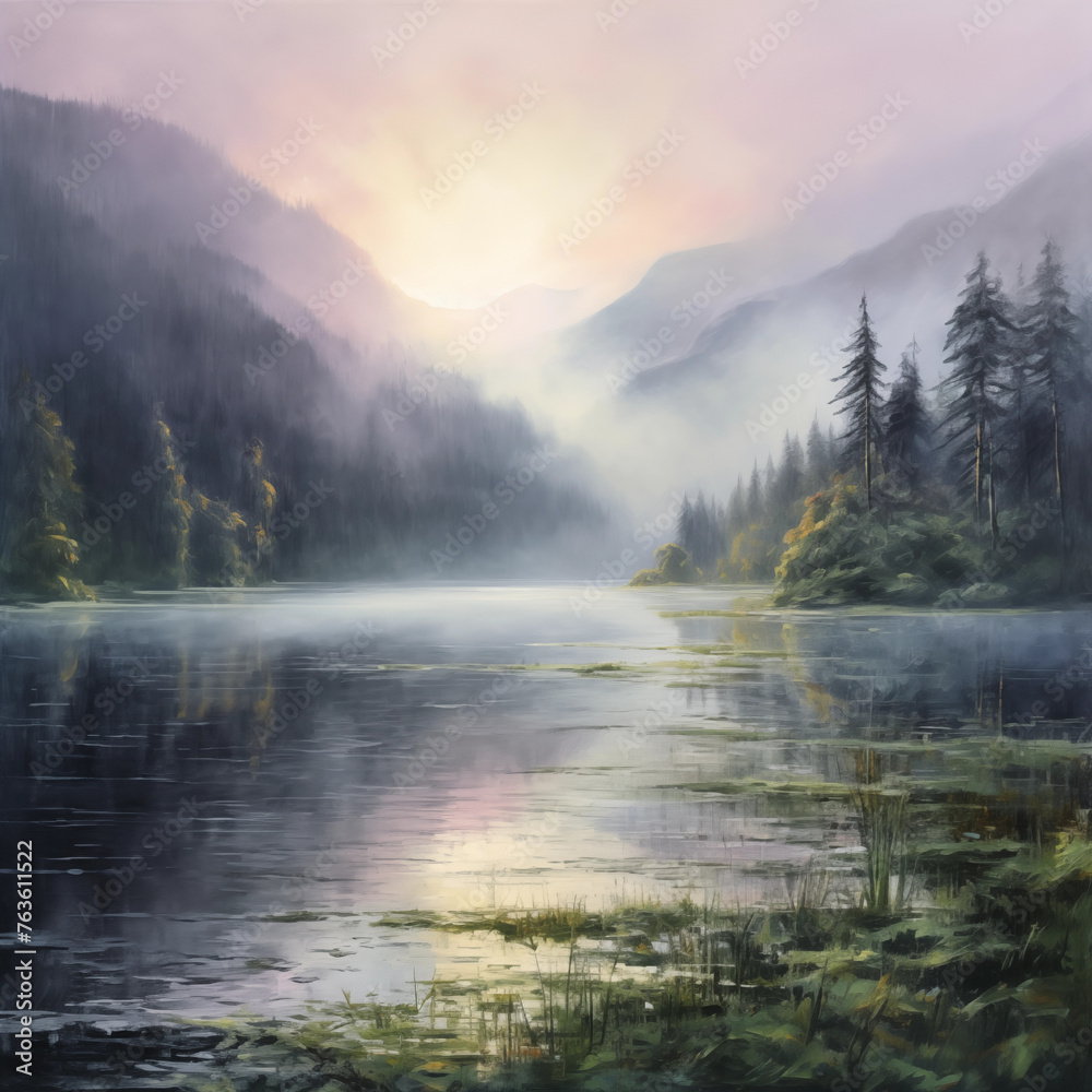 Beautiful watercolor paint mountain river lake