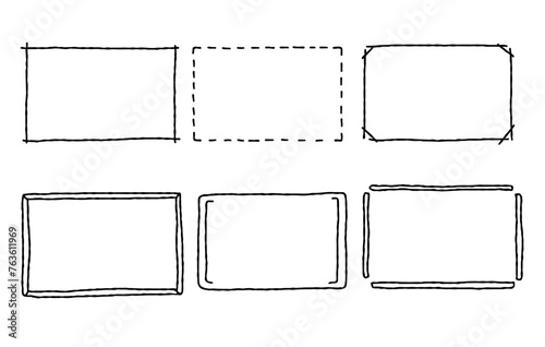 Hand drawn rectangle frames set. Doodle rectangular shape. Scribble pencil square text box.  Line border. Vector illustration isolated on white background.