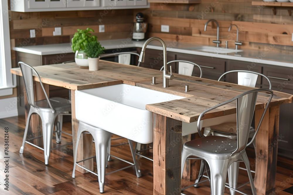 Rustic Modern Kitchen With Reclaimed Wood Elements A Farmhouse Sink And A Dining Space With