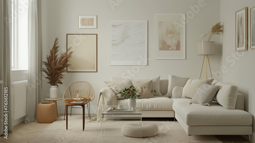 Scandinavian-style living room with neutral tones, minimalist decor, and a clear wall mockup for Scandinavian art. 3D rendering. © Guro