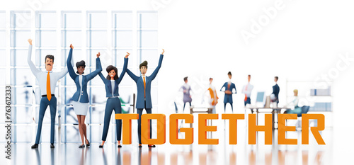 Team of business people with hands up stay next to big arrow and TOGETHER word. Blur of walking people at the background. Career, growth, success, achievement idea. 3D rendering