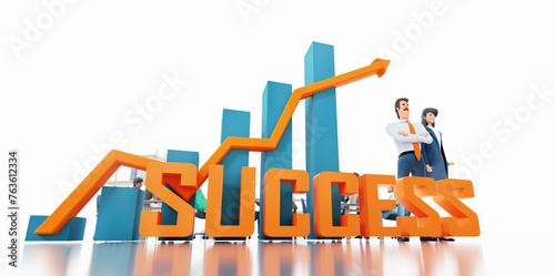 Businessman stay next to big arrow and growth chart in office. Blur of working people at the background. Career, growth, success, achievement idea. 3D rendering