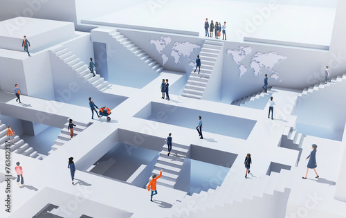 Business people  in an abstract business environment with stairs, working together, walking up and down. 3D rendering