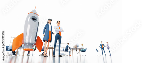 Business people and rocket, blur of working people at the background with copy space at white, 3d rendering
