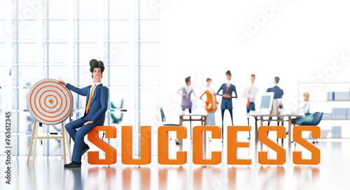 Successful businessman sits next to aim, Blur of working people at the background. Career, growth, success, achievement concept  3D rendering