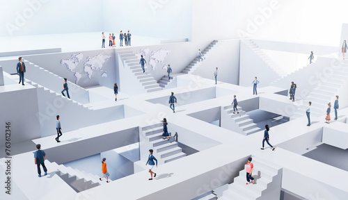 Business people  in an abstract business environment with stairs, working together, walking up and down. 3D rendering