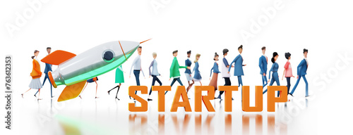 Business people and rocket with STARTUP word at  white background, 3d rendering