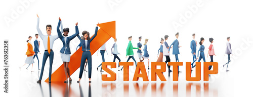 Team of business people with hands up stay next to big arrow and START word. Blur of walking people at the background. Career, growth, success, achievement idea. 3D rendering