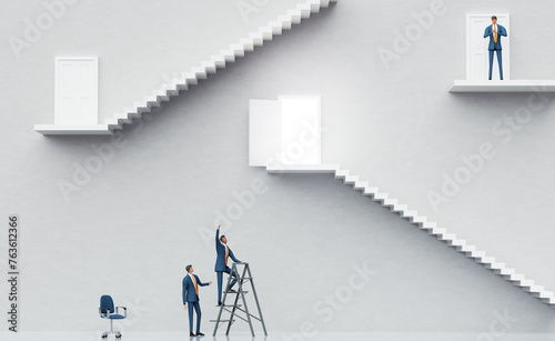 Businessman trying to find way to success. Abstract business environment with stairs and doors. Success concept, 3D rendering	
